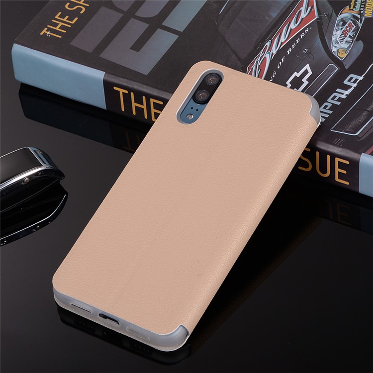 Litchi Skin Leather Stand Phone Casing with Card Slot for Huawei P20 - Gold-12