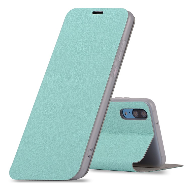 Litchi Skin Leather Stand Phone Protection Shell with Card Slot for Huawei P20 - Cyan-1
