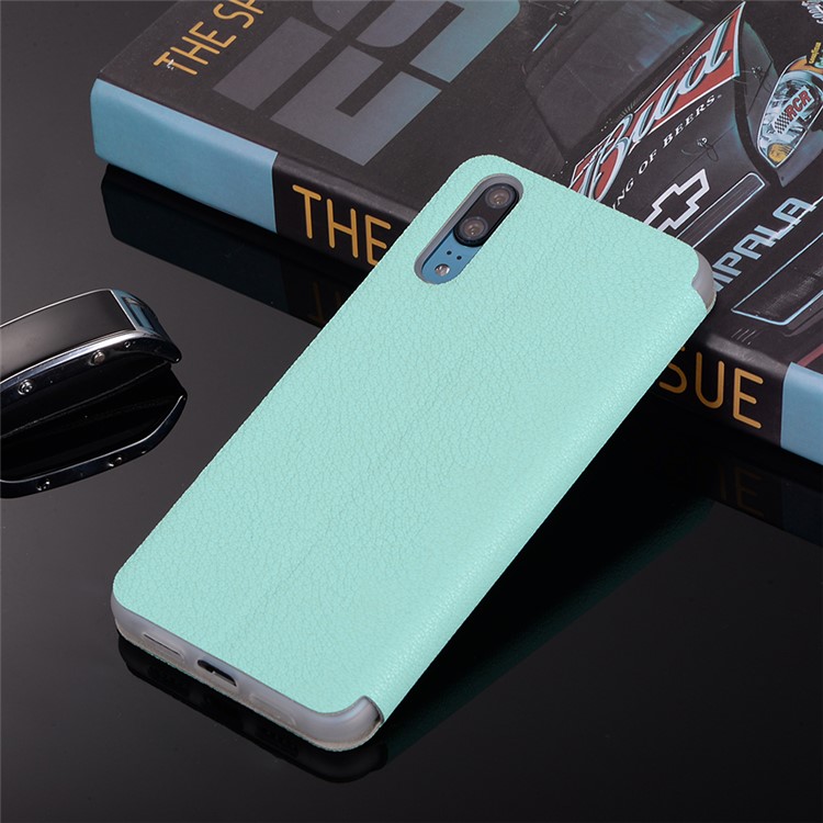 Litchi Skin Leather Stand Phone Protection Shell with Card Slot for Huawei P20 - Cyan-12