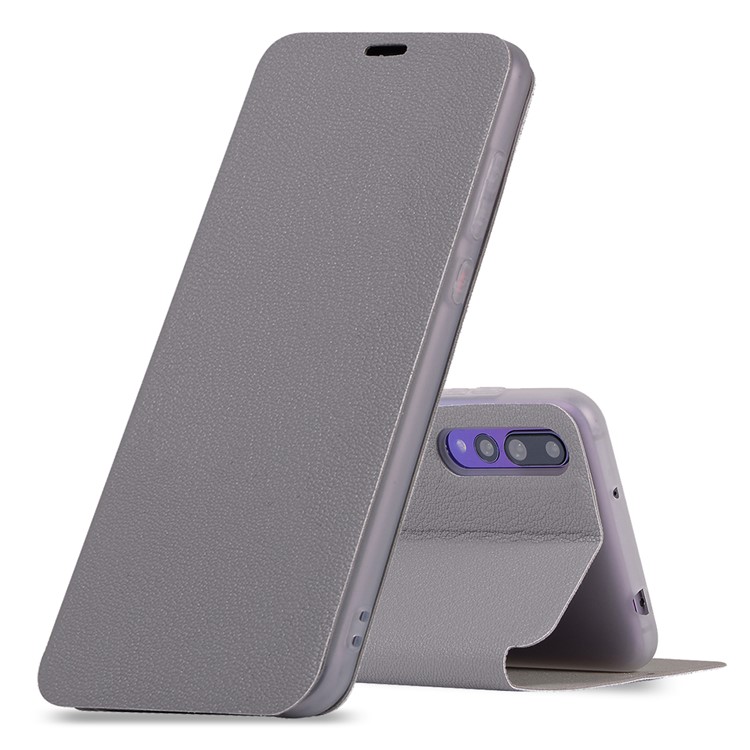 Litchi Skin Leather Stand Case with Card Slot for Huawei P20 Pro - Grey-1