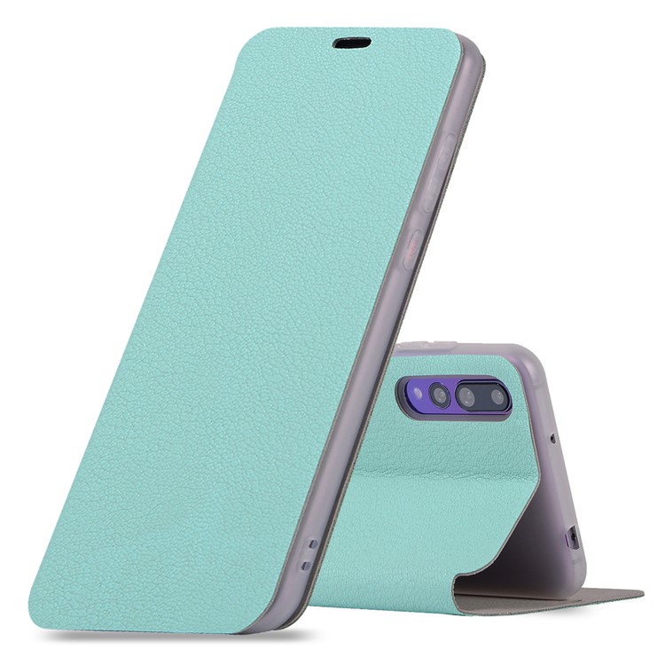 Litchi Skin Leather Stand Cellphone Cover with Card Slot for Huawei P20 Pro - Cyan-1