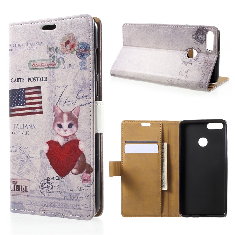 Wallet Leather Stand Case for Huawei Y9 (2018) / Enjoy 8 Plus - Cat Holding Heart and American Flag-1