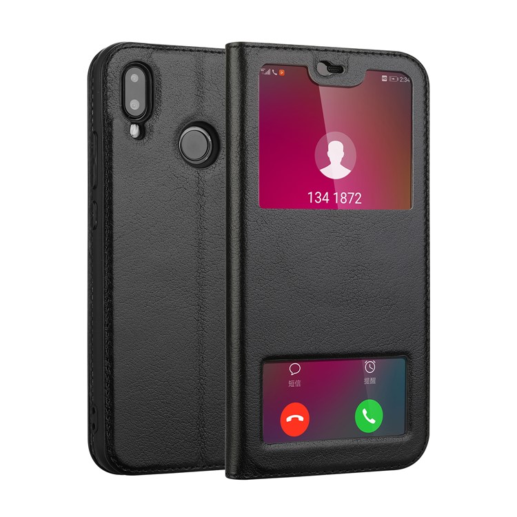 Dual View Windows Cowhide Leather Magnetic Stand Flip Case for Huawei P20 Lite/Nova 3e - Black-1