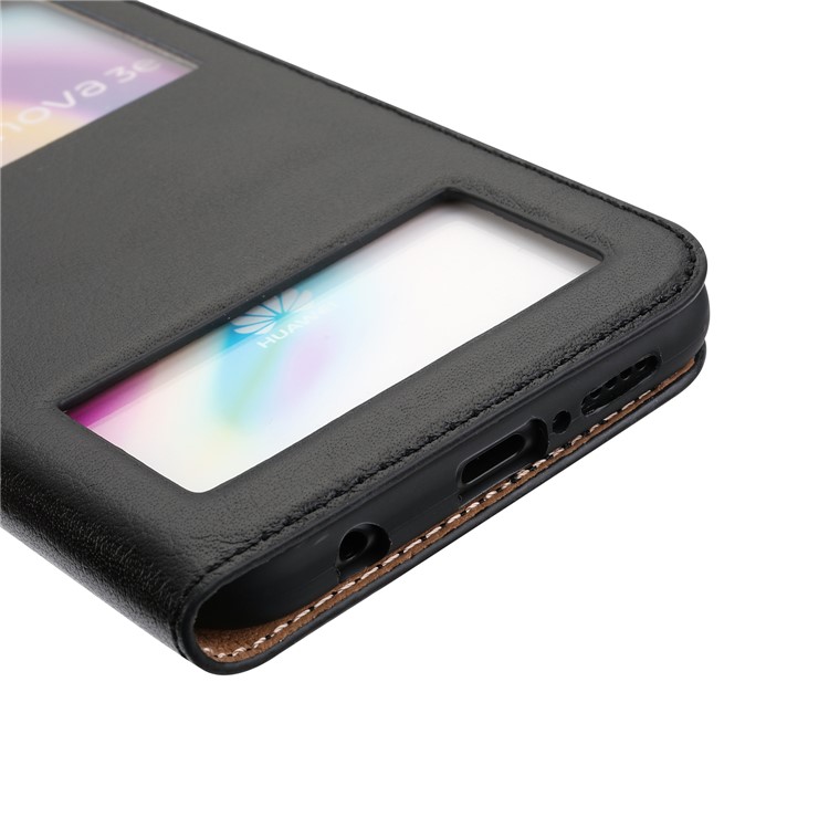 Dual View Windows Cowhide Leather Magnetic Stand Flip Case for Huawei P20 Lite/Nova 3e - Black-10
