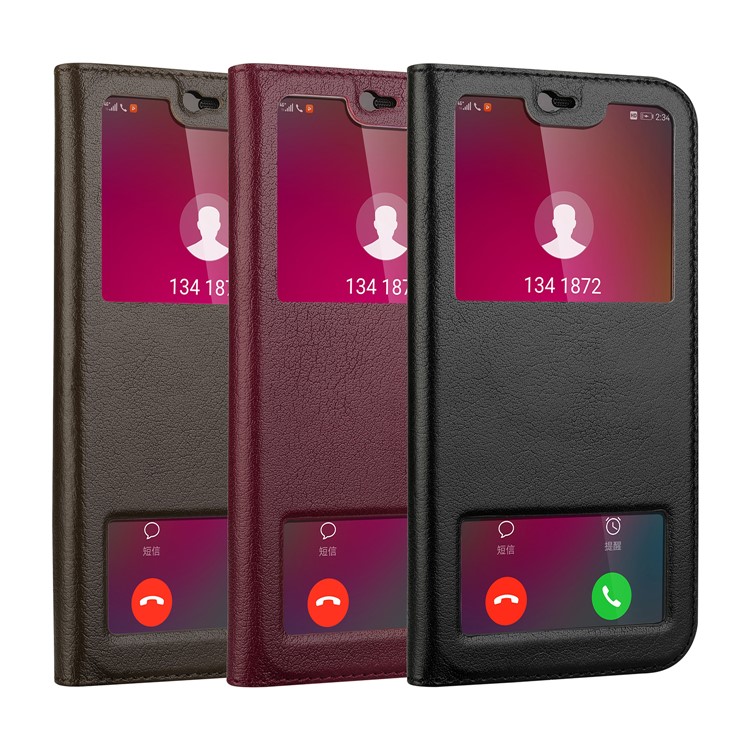 Dual View Windows Cowhide Leather Magnetic Stand Flip Case for Huawei P20 Lite/Nova 3e - Black-12