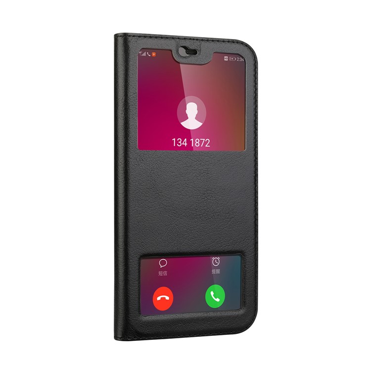 Dual View Windows Cowhide Leather Magnetic Stand Flip Case for Huawei P20 Lite/Nova 3e - Black-2