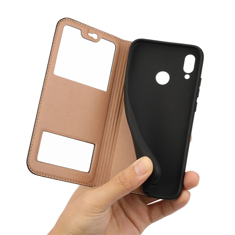 Dual View Windows Cowhide Leather Magnetic Stand Flip Case for Huawei P20 Lite/Nova 3e - Black-4