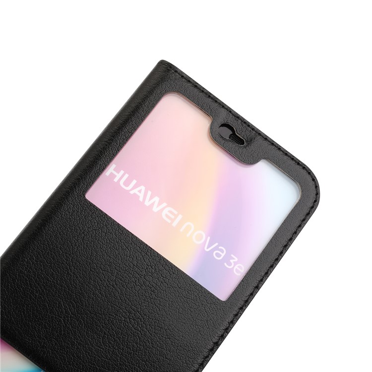 Dual View Windows Cowhide Leather Magnetic Stand Flip Case for Huawei P20 Lite/Nova 3e - Black-5