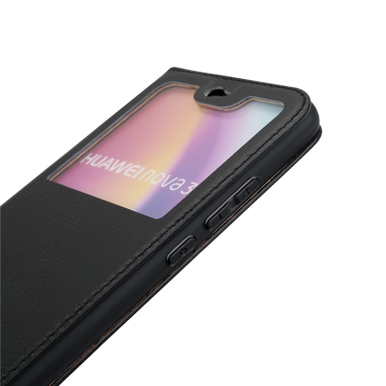 Dual View Windows Cowhide Leather Magnetic Stand Flip Case for Huawei P20 Lite/Nova 3e - Black-7