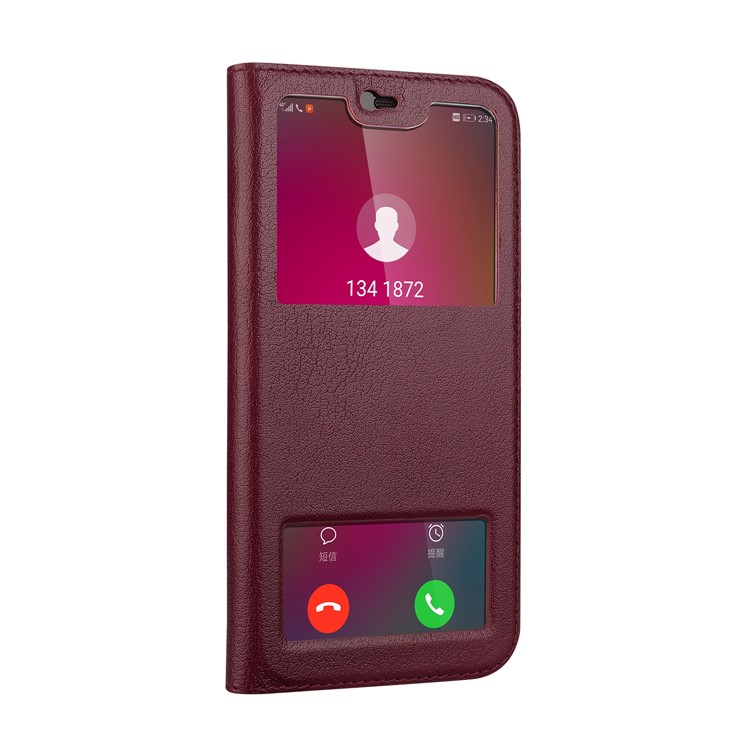 Dual View Windows Cowhide Leather Magnetic Stand Flip Cover for Huawei P20 Lite/Nova 3e - Wine Red-2
