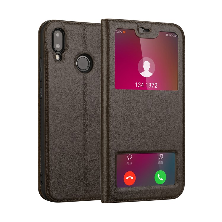 Dual View Windows Cowhide Leather Magnetic Stand Flip Shell for Huawei P20 Lite/Nova 3e - Coffee-1