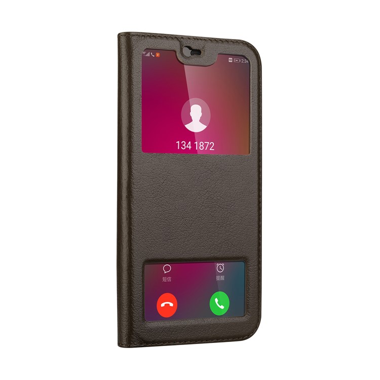 Dual View Windows Cowhide Leather Magnetic Stand Flip Shell for Huawei P20 Lite/Nova 3e - Coffee-2
