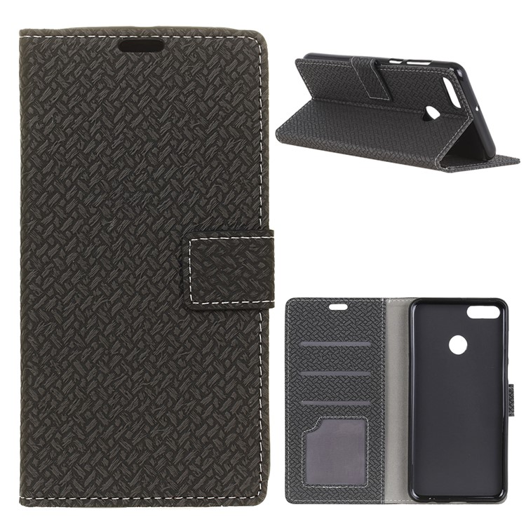 Woven Texture Wallet Stand Leather Case for Huawei Y9 (2018) / Enjoy 8 Plus - Black-1