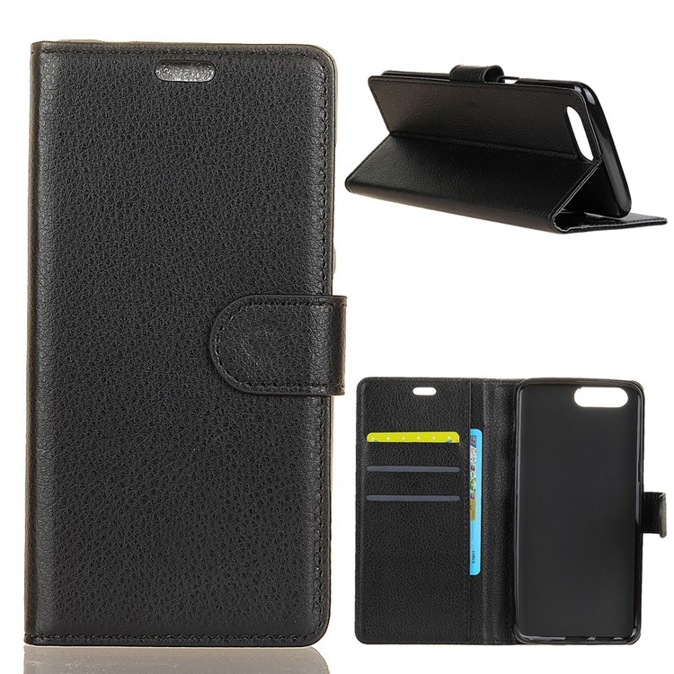 Litchi Peau Portefeuille En Cuir Stand Stand Pour Huawei Y6 (2018) - Noir-1