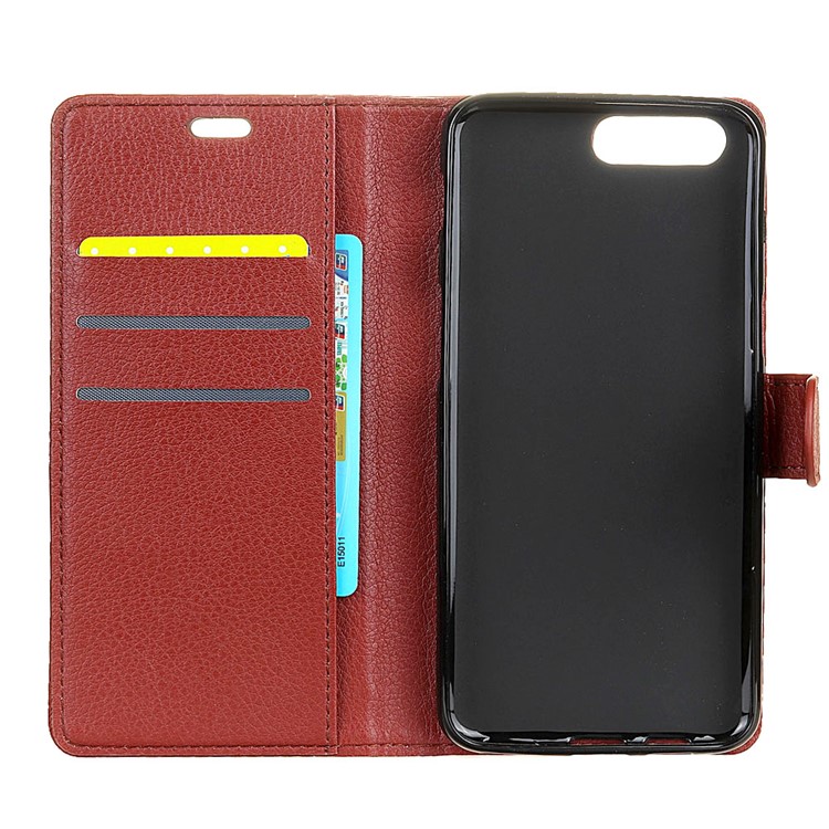 Para Huawei Y6 (2018) Lichia Pele Carteira Suporte De Couro Folio Magnético Acessório Case - Castanho-5
