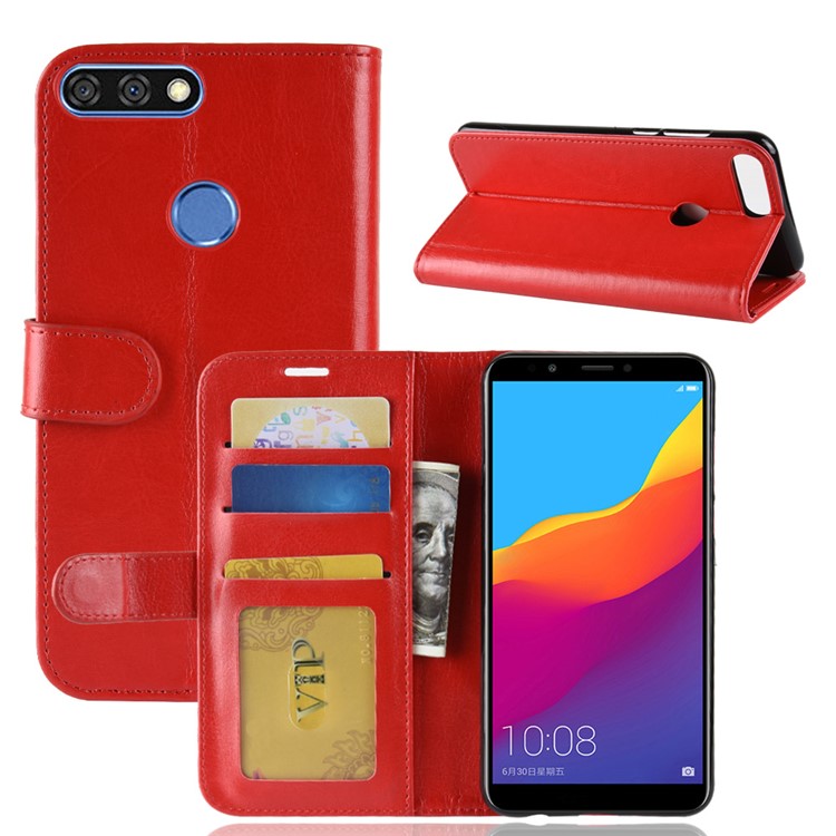 Crazy Horse Wallet Leather Phone Case for Huawei Honor 7C / Enjoy 8 /Y7 Prime (2018) - Red-2