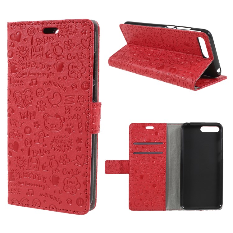 Cartoon Graffiti PU Leather Wallet Stand Case for Huawei Y6 (2018) - Red-1
