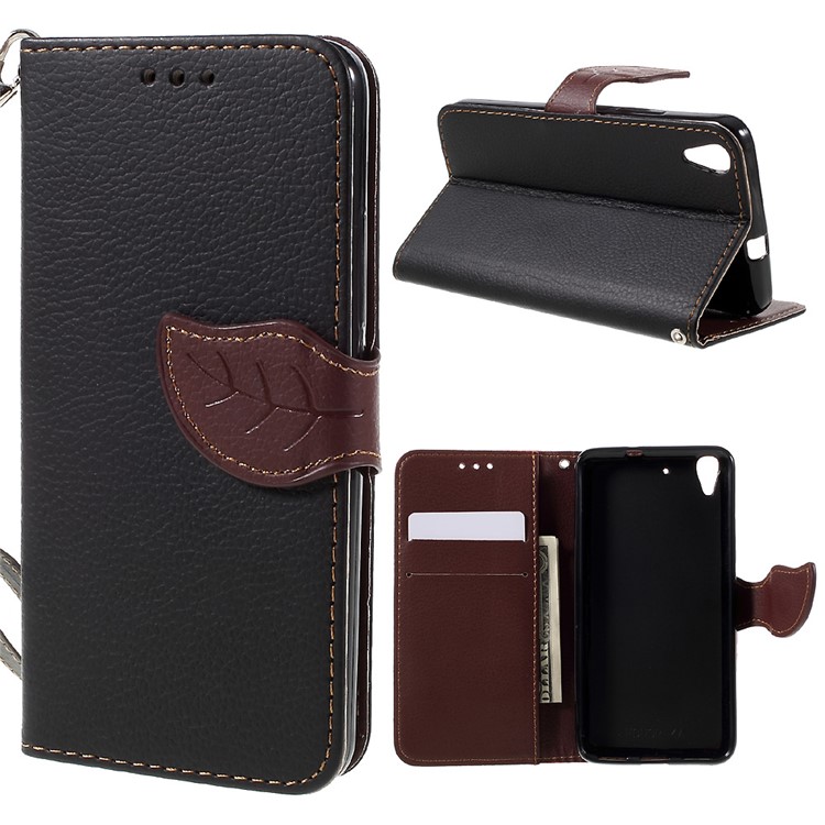 Leaf Stand Leather Wallet Case for Huawei Honor 4A / Y6 - Black-1