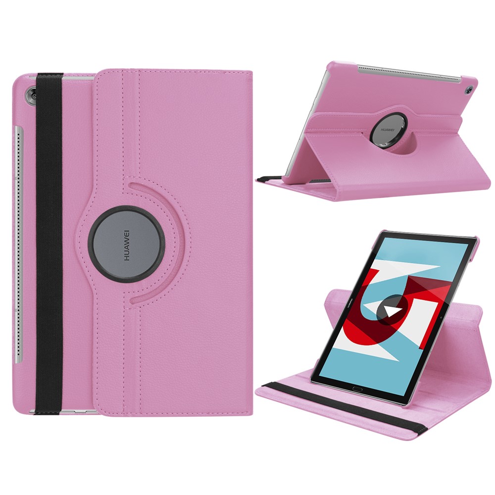 Litchi Grain Leather Stand Folio Cover for Huawei MediaPad M5 10/M5 10 (Pro) with Elastic Band - Pink-1