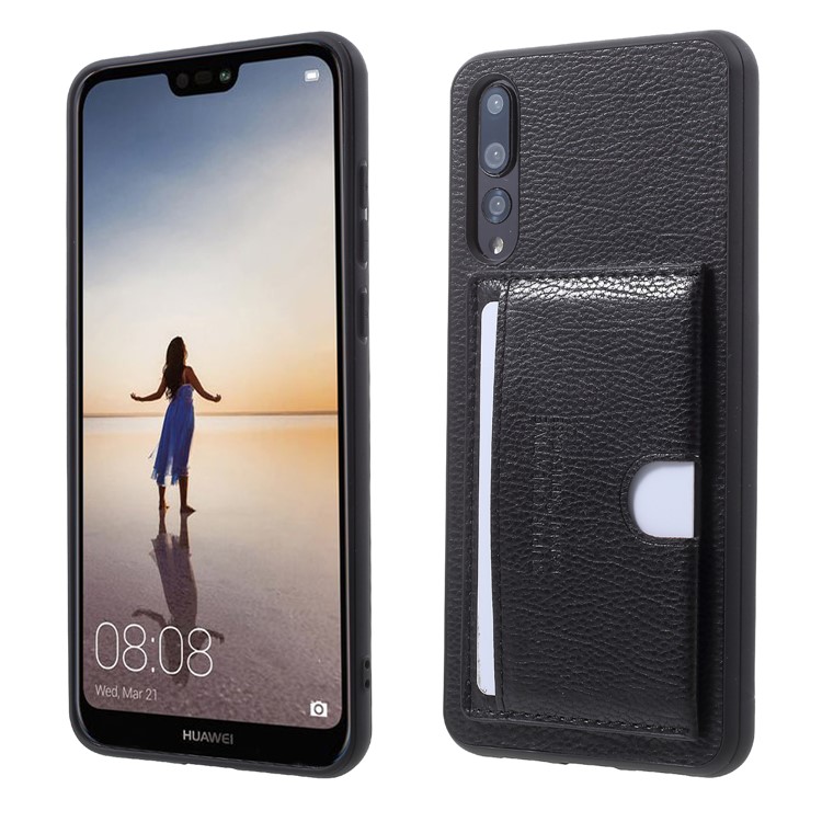 PU Leather Coated TPU Kickstand Card Holder Case for Huawei P20 Pro - Black-1