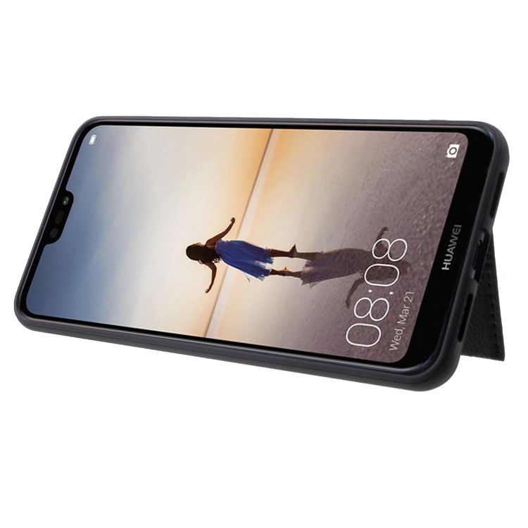 PU Leather Coated TPU Kickstand Card Holder Case for Huawei P20 Pro - Black-3