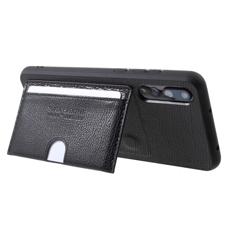 PU Leather Coated TPU Kickstand Card Holder Case for Huawei P20 Pro - Black-4