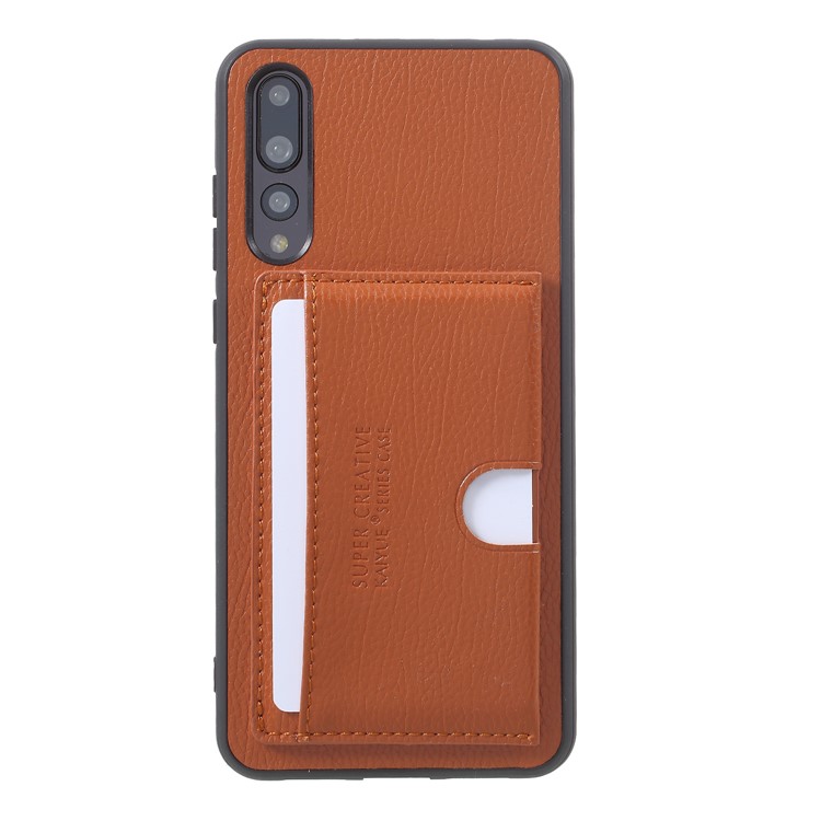 PU Leather Coated TPU Kickstand Card Holder Shell for Huawei P20 Pro - Brown-1
