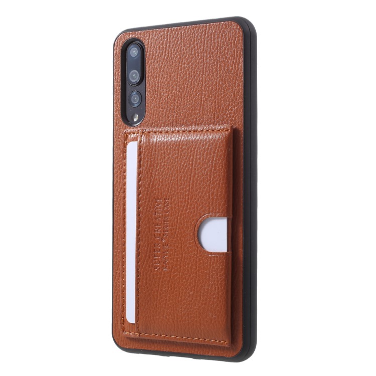 PU Leather Coated TPU Kickstand Card Holder Shell for Huawei P20 Pro - Brown-2