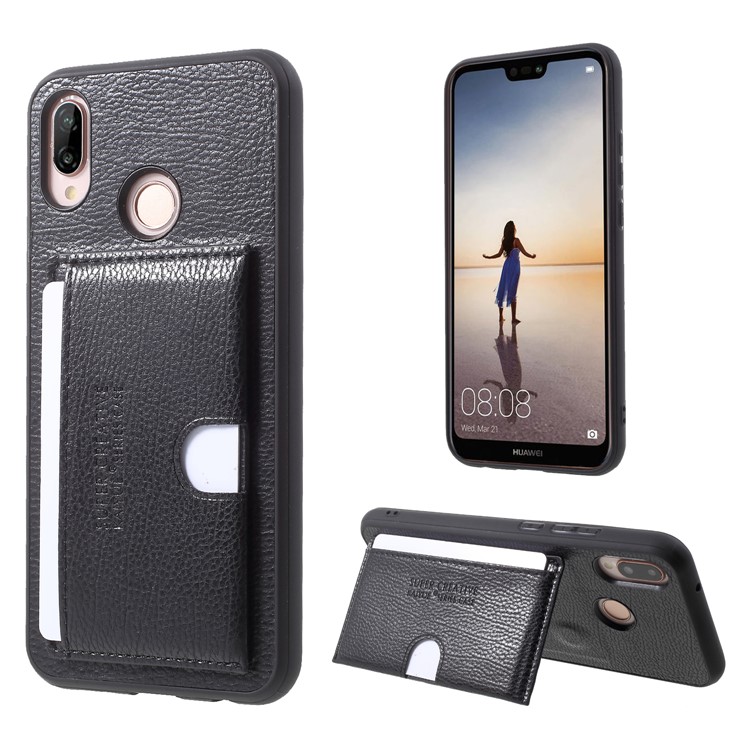 PU Leather Coated TPU Kickstand Card Holder Case for Huawei P20 Lite/Nova 3e - Black-1