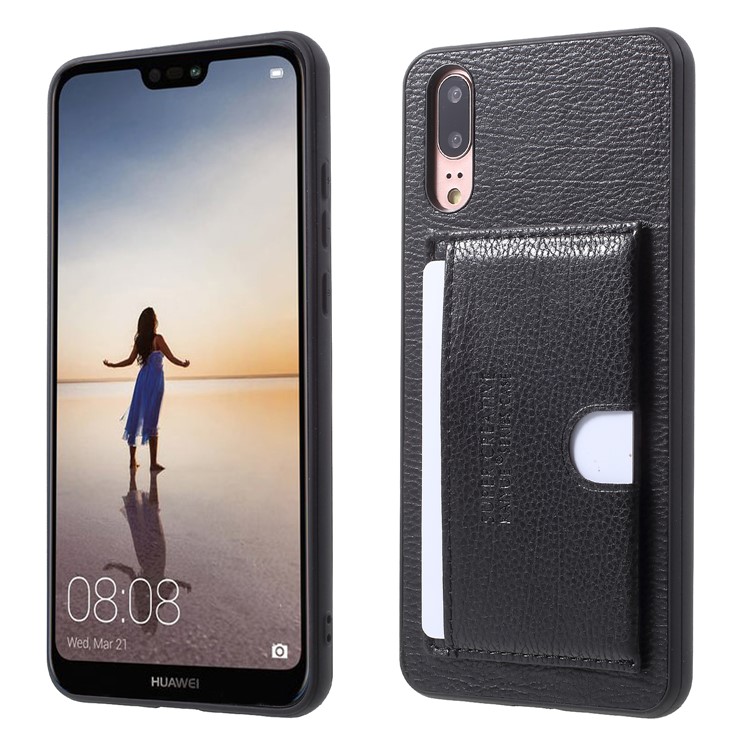 Split Leather Coated TPU Kickstand Card Holder Phone Case for Huawei P20 - Black-1
