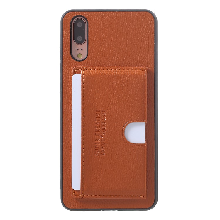 Split Leather Coated TPU Kickstand Card Holder Mobile Casing for Huawei P20 - Brown-1