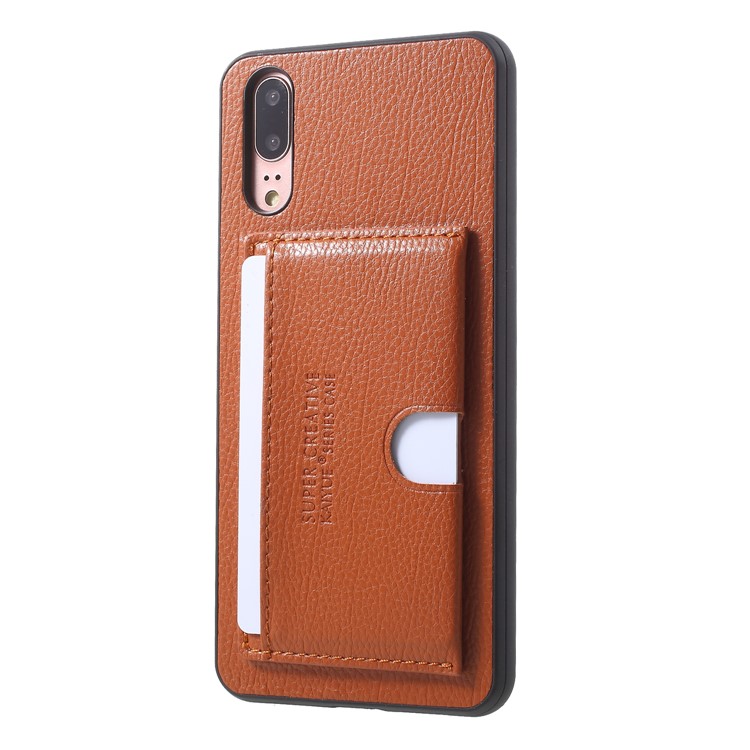 Split Leather Coated TPU Kickstand Card Holder Mobile Casing for Huawei P20 - Brown-2