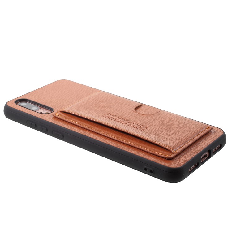 Split Leather Coated TPU Kickstand Card Holder Mobile Casing for Huawei P20 - Brown-4