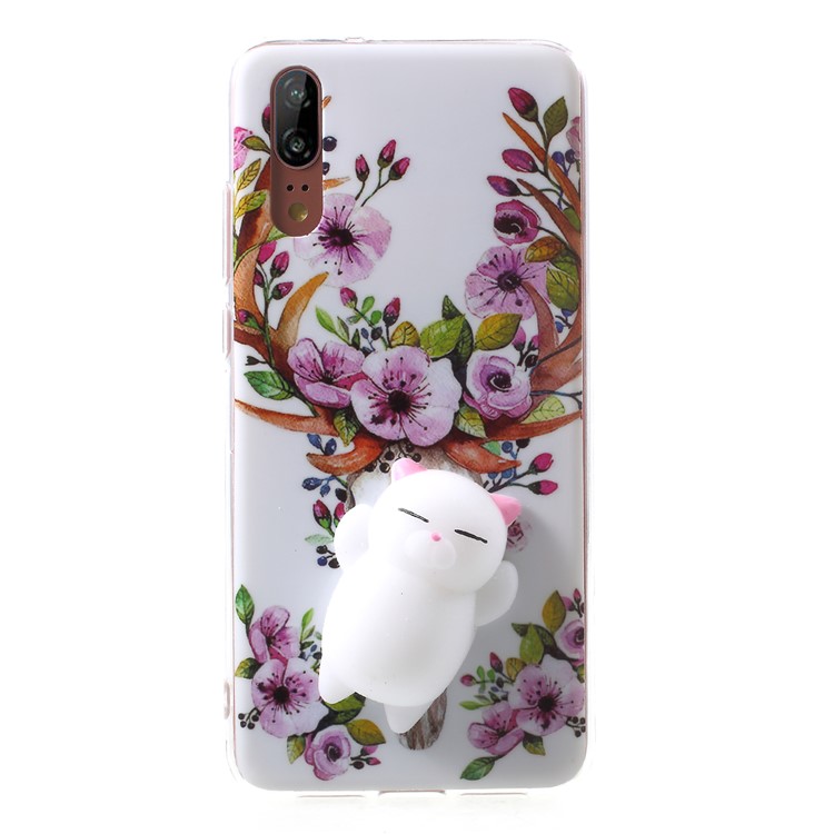 Pinch 3D Silicone Squishy Silicone Cat Pattern Printing TPU Shell for Huawei P20 - Flower Pattern-1