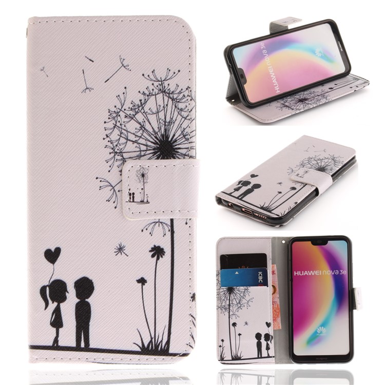 Patterned Wallet Stand PU Leather Phone Case for Huawei P20 Lite / Nova 3e - Dandelion and Lovers-1