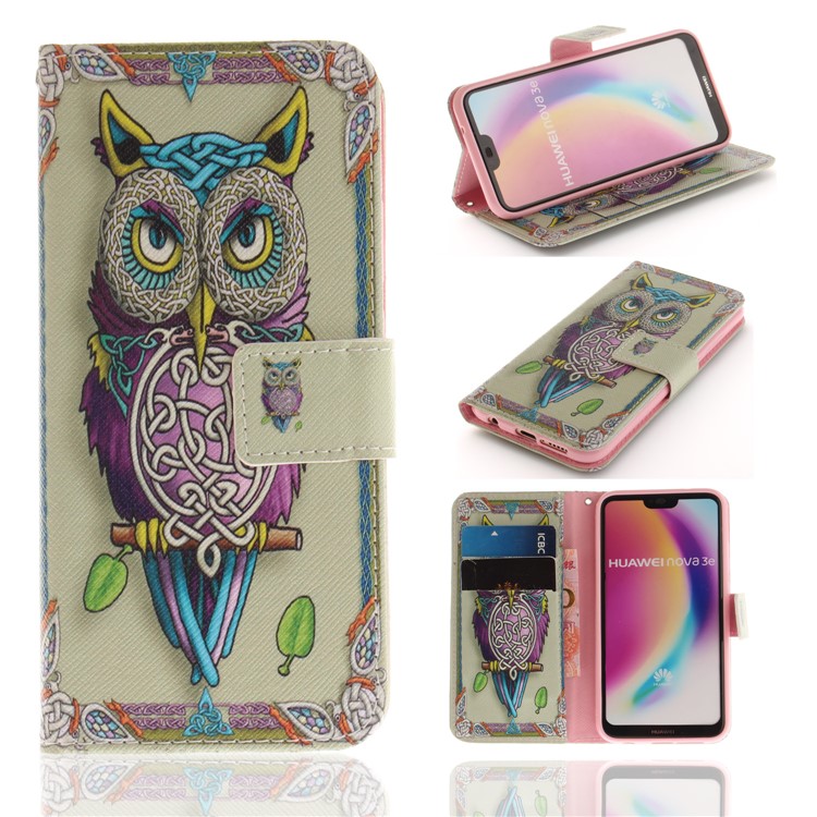 Patterned Wallet Stand PU Leather Phone Shell for Huawei P20 Lite / Nova 3e - Colorful Owl-1