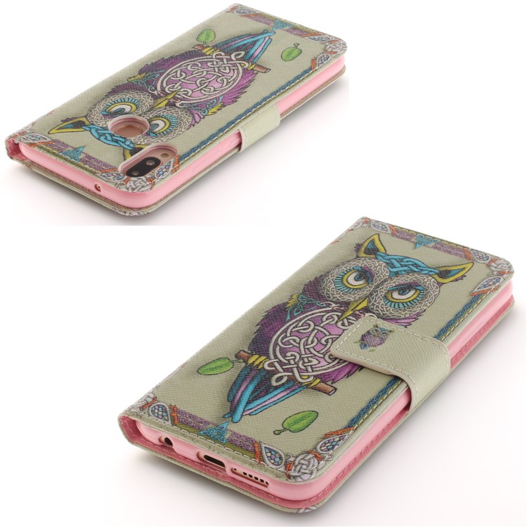 Patterned Wallet Stand PU Leather Phone Shell for Huawei P20 Lite / Nova 3e - Colorful Owl-4
