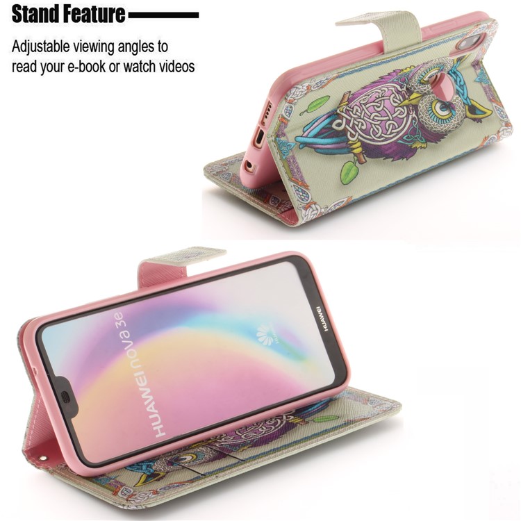 Patterned Wallet Stand PU Leather Phone Shell for Huawei P20 Lite / Nova 3e - Colorful Owl-5