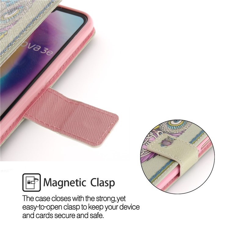 Patterned Wallet Stand PU Leather Phone Shell for Huawei P20 Lite / Nova 3e - Colorful Owl-6
