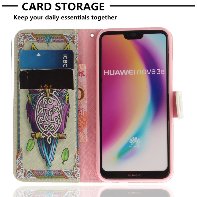 Patterned Wallet Stand PU Leather Phone Shell for Huawei P20 Lite / Nova 3e - Colorful Owl-7