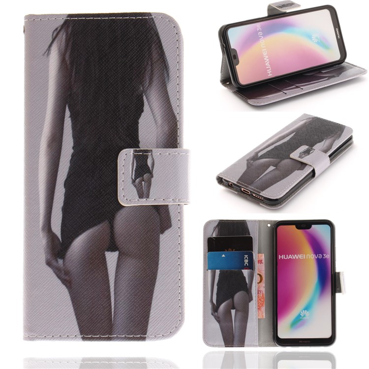 Patterned Wallet Stand PU Leather Mobile Shell for Huawei P20 Lite / Nova 3e - Hot Girl-1