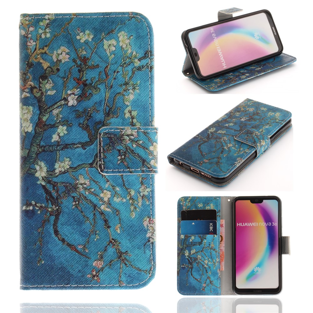 Patterned Wallet Stand PU Leather Flip Case for Huawei P20 Lite / Nova 3e - Almond Tree in Blossom-1