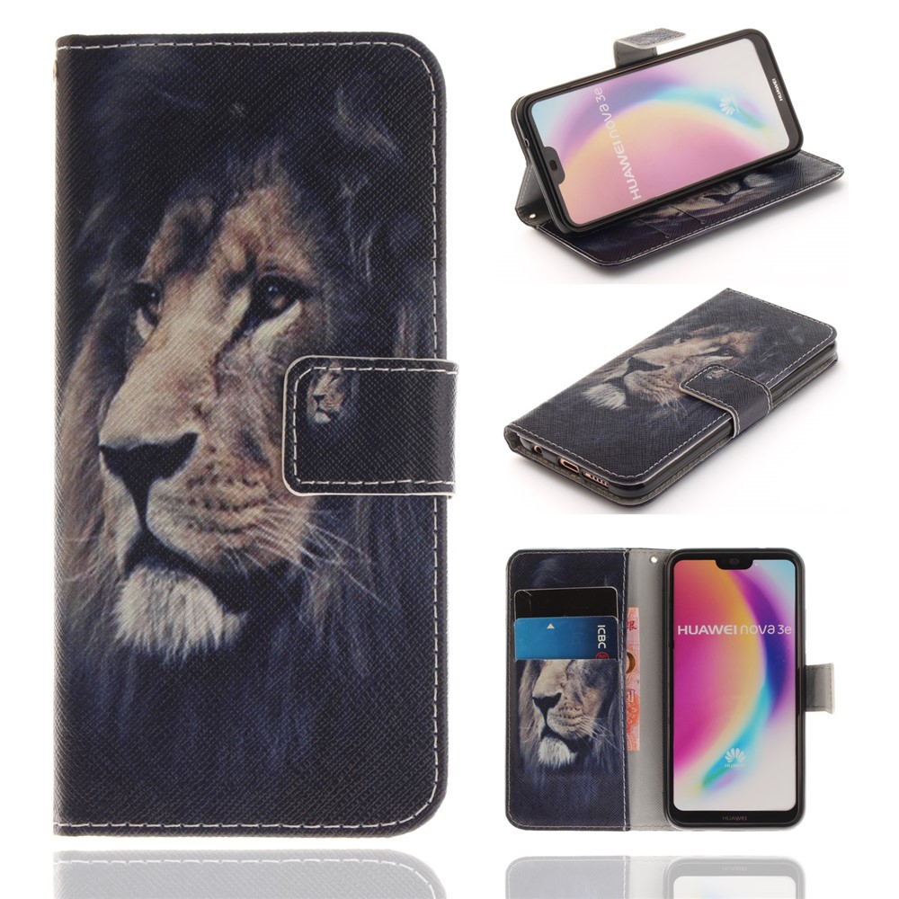 Patterned Wallet Stand PU Leather Protective Casing for Huawei P20 Lite / Nova 3e - Lion-1