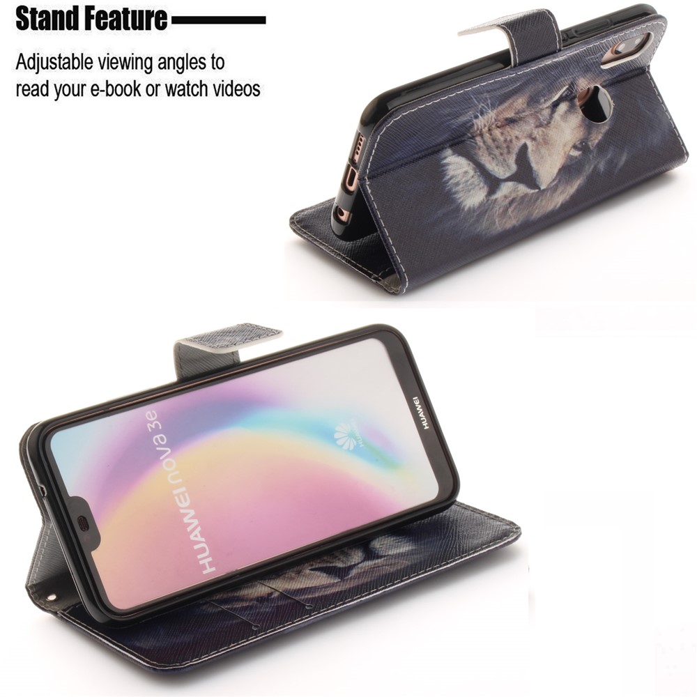 Patterned Wallet Stand PU Leather Protective Casing for Huawei P20 Lite / Nova 3e - Lion-5