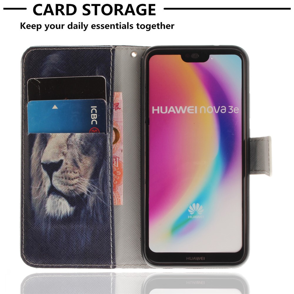 Patterned Wallet Stand PU Leather Protective Casing for Huawei P20 Lite / Nova 3e - Lion-7