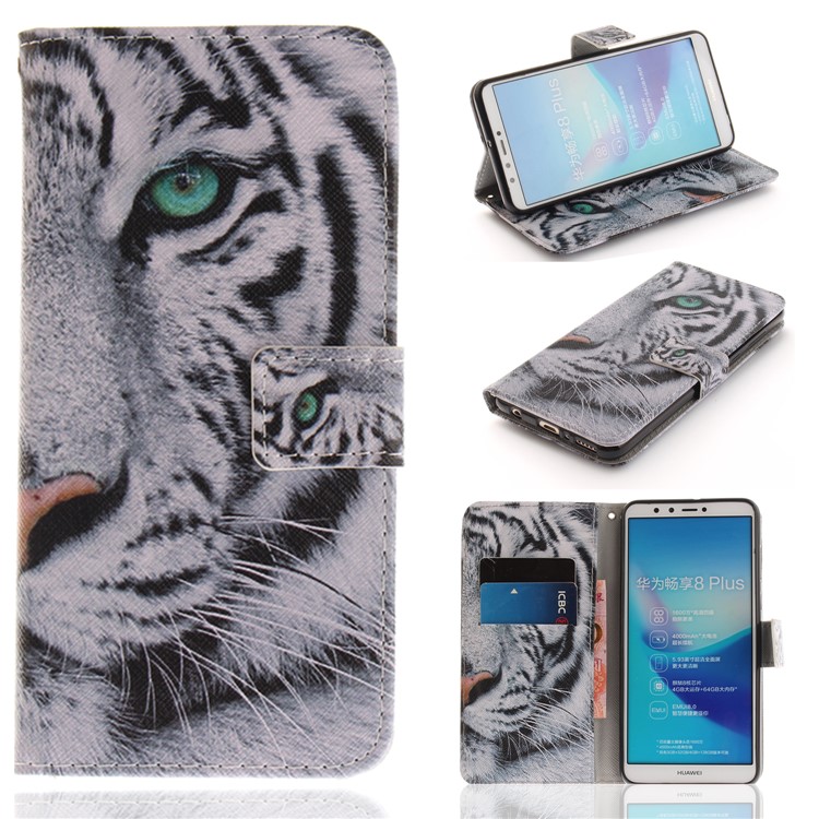 Pattern Printing Wallet Stand Leather Case for Huawei Y9 (2018)/Enjoy 8 Plus - Tiger with Green Eye-1