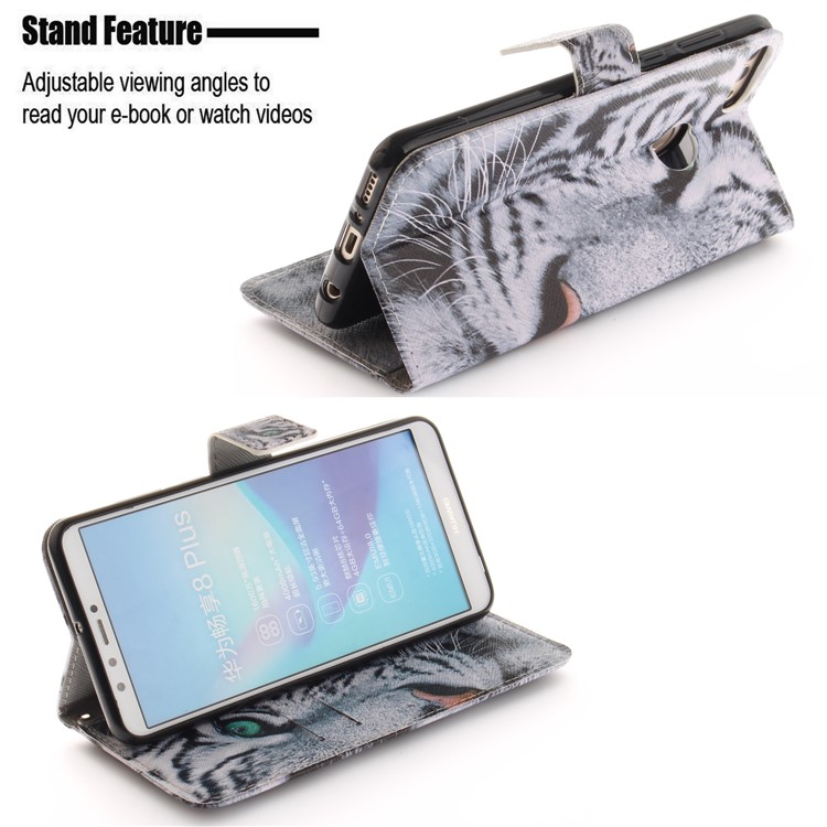 Pattern Printing Wallet Stand Leather Case for Huawei Y9 (2018)/Enjoy 8 Plus - Tiger with Green Eye-5