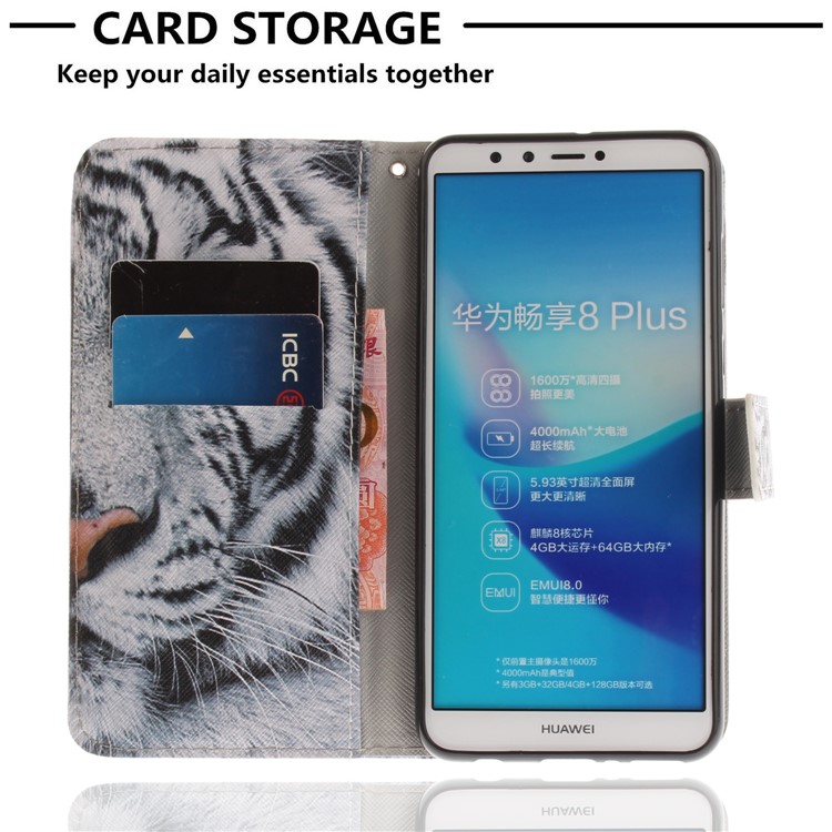 Pattern Printing Wallet Stand Leather Case for Huawei Y9 (2018)/Enjoy 8 Plus - Tiger with Green Eye-7
