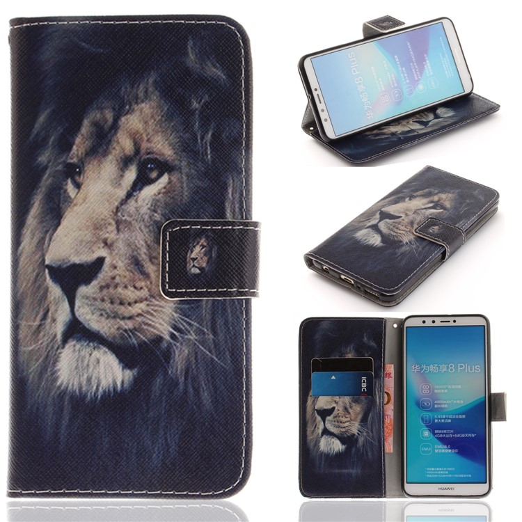 Pattern Printing Wallet Stand Leather Cover for Huawei Y9 (2018)/Enjoy 8 Plus - Lion-1