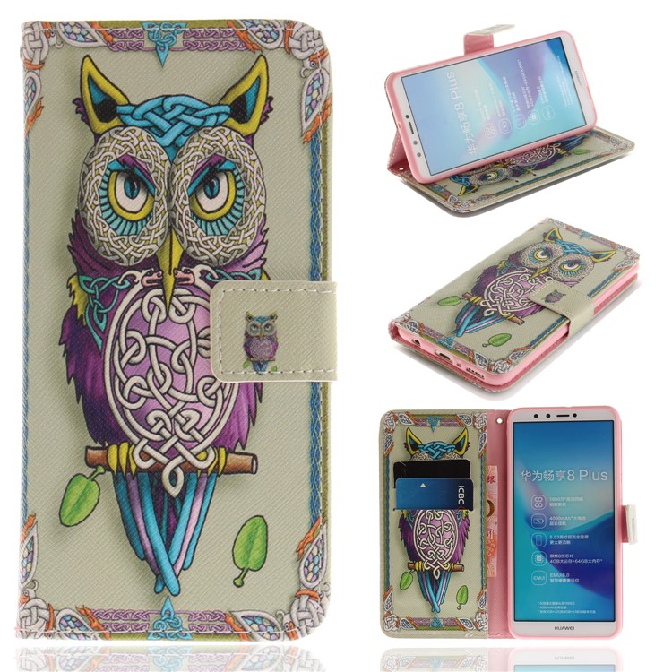 Patterned Wallet Stand Leather Mobile Case for Huawei Y9 (2018)/Enjoy 8 Plus - Colorful Owl-1